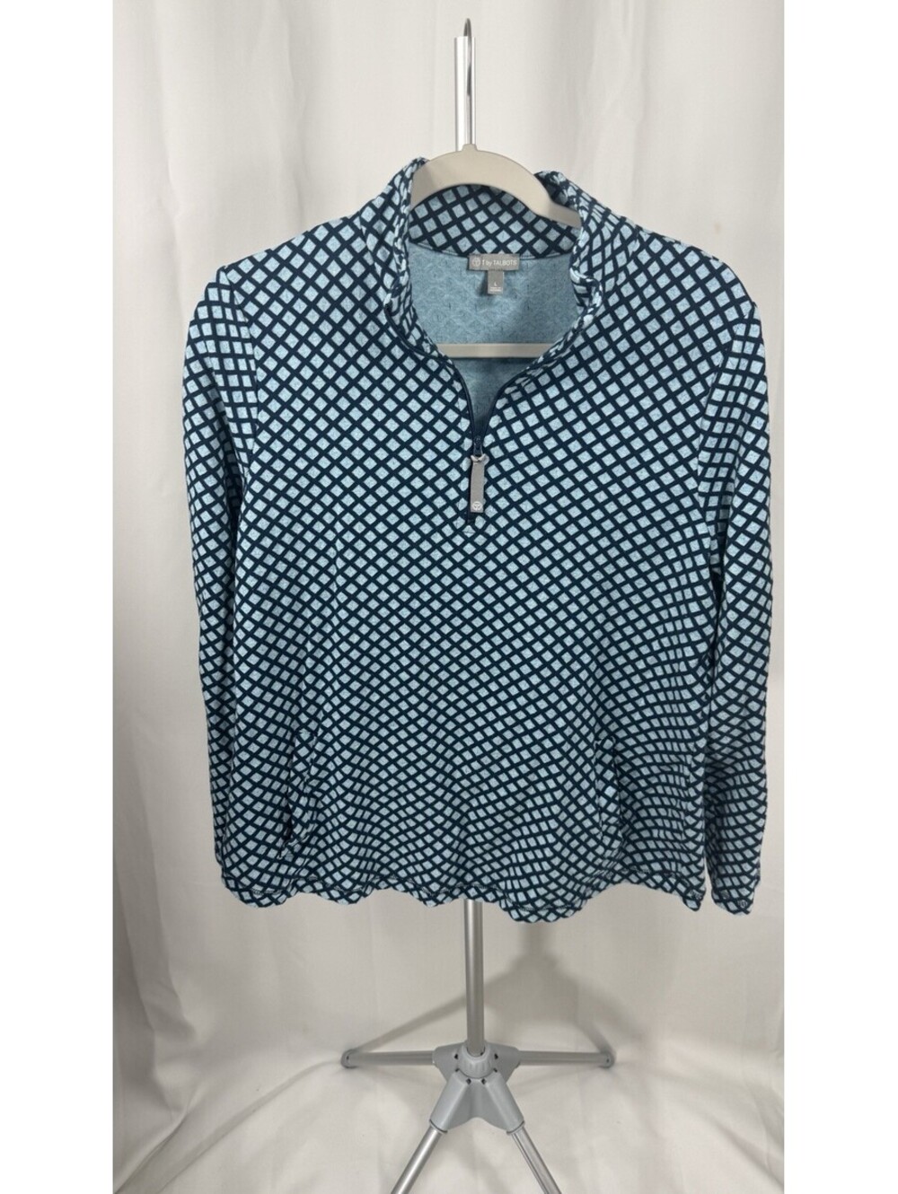 T by Talbots Womens L Blue Diamond Print Quarter Zip Pullover 100 Cotton